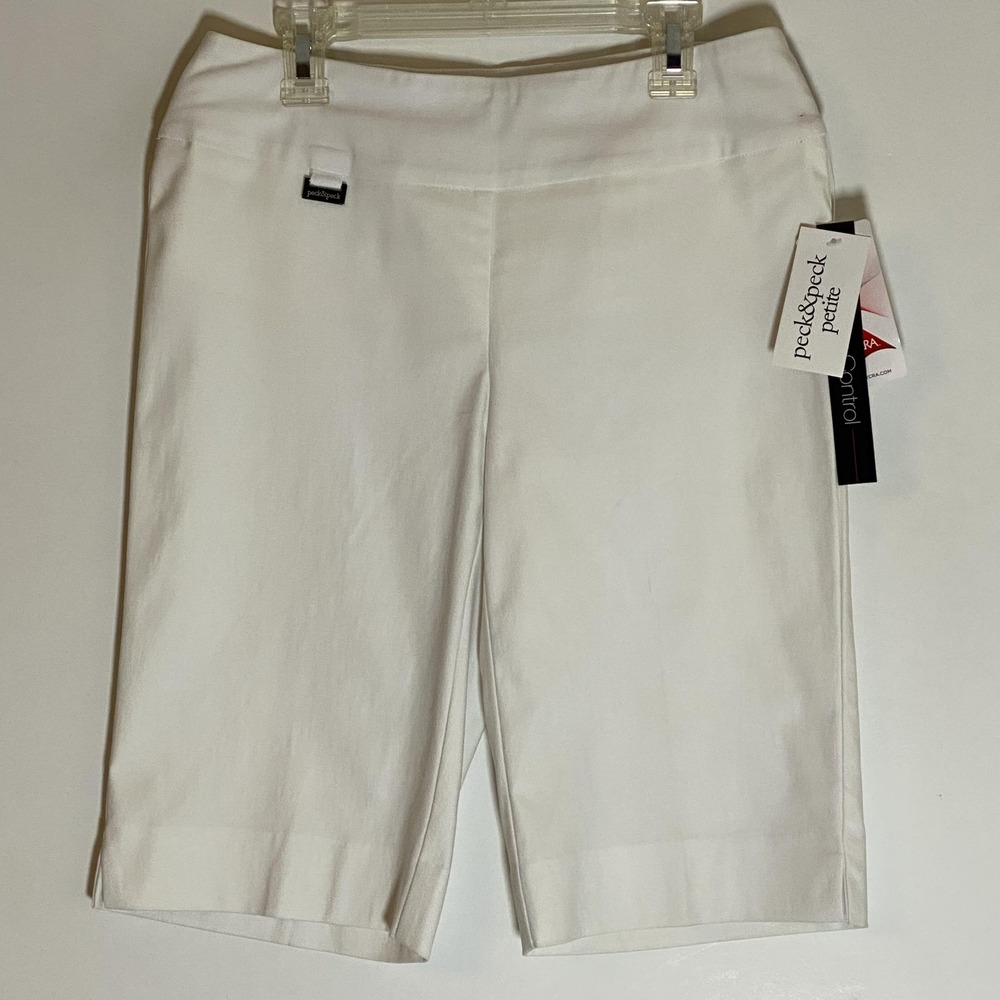 Peck & Peck Petite Shorts Womens 2P White Bermuda Tummy Control Pull On Stretch
